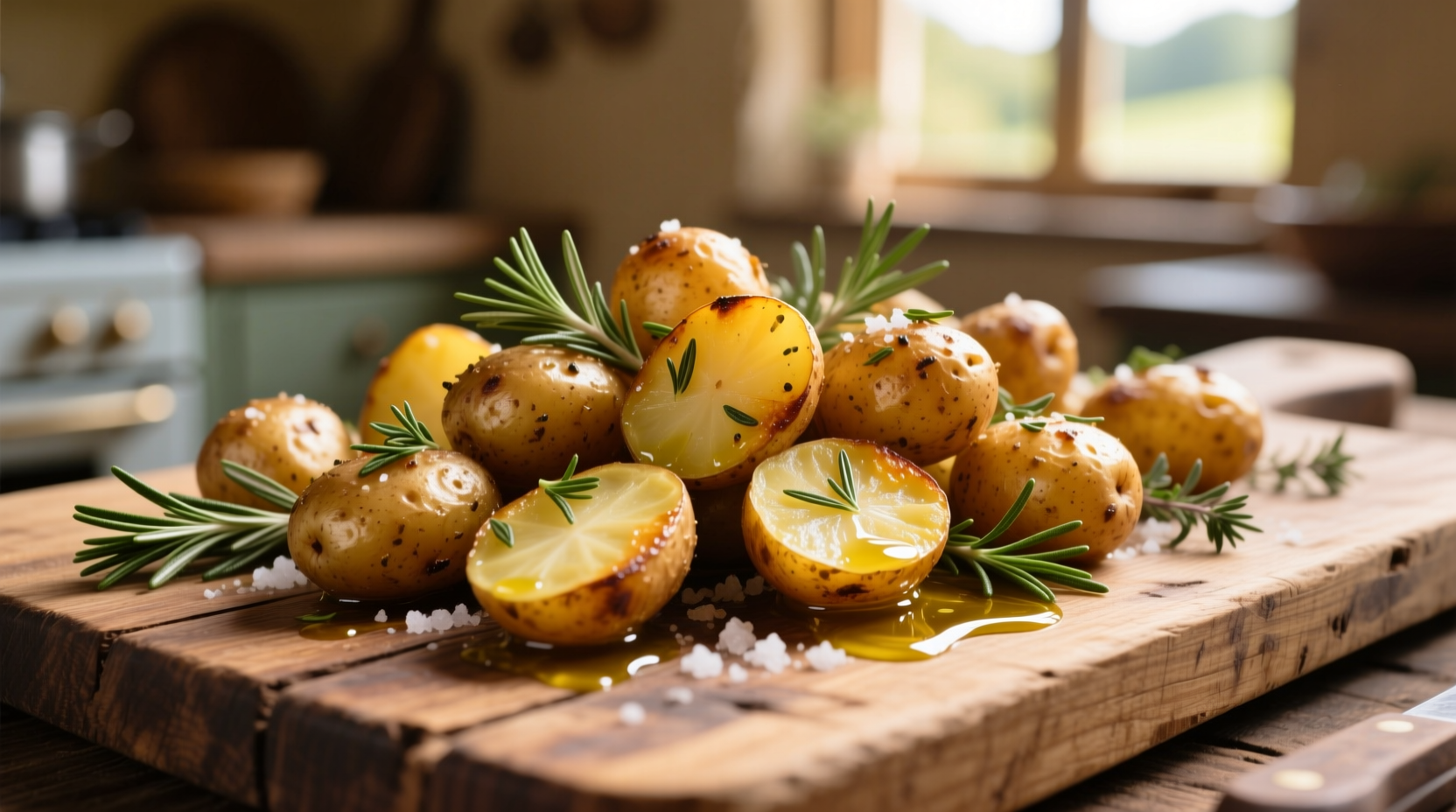 Golden roasted fingerling potatoes with herbs on wooden board