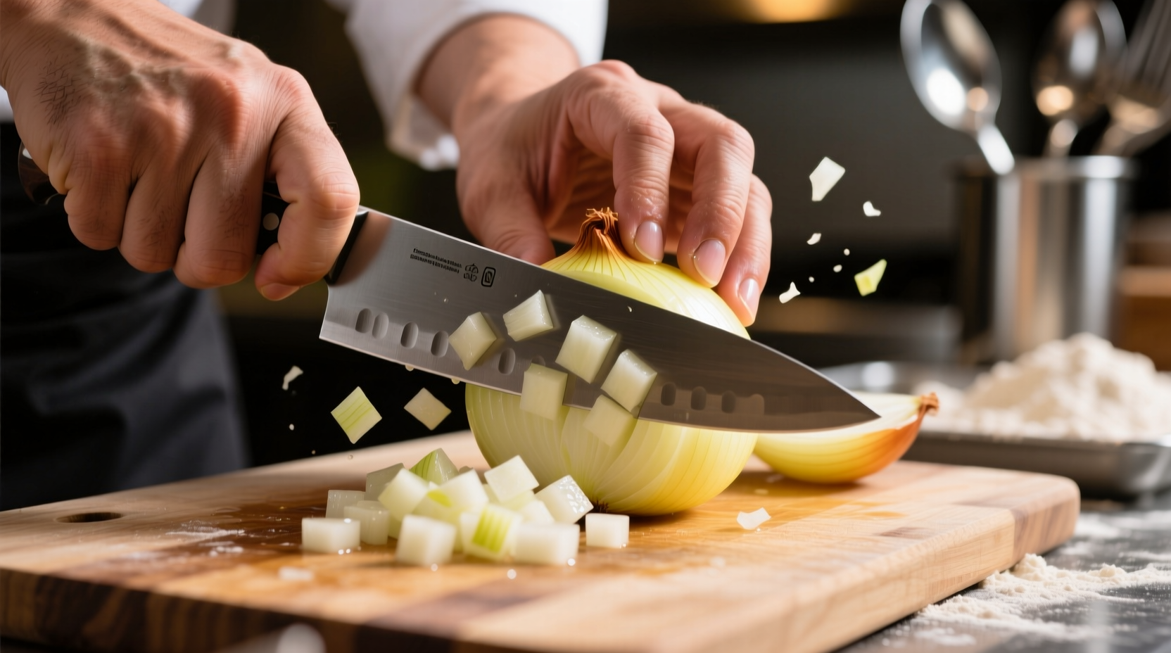 Chef's hands demonstrating onion chopping technique