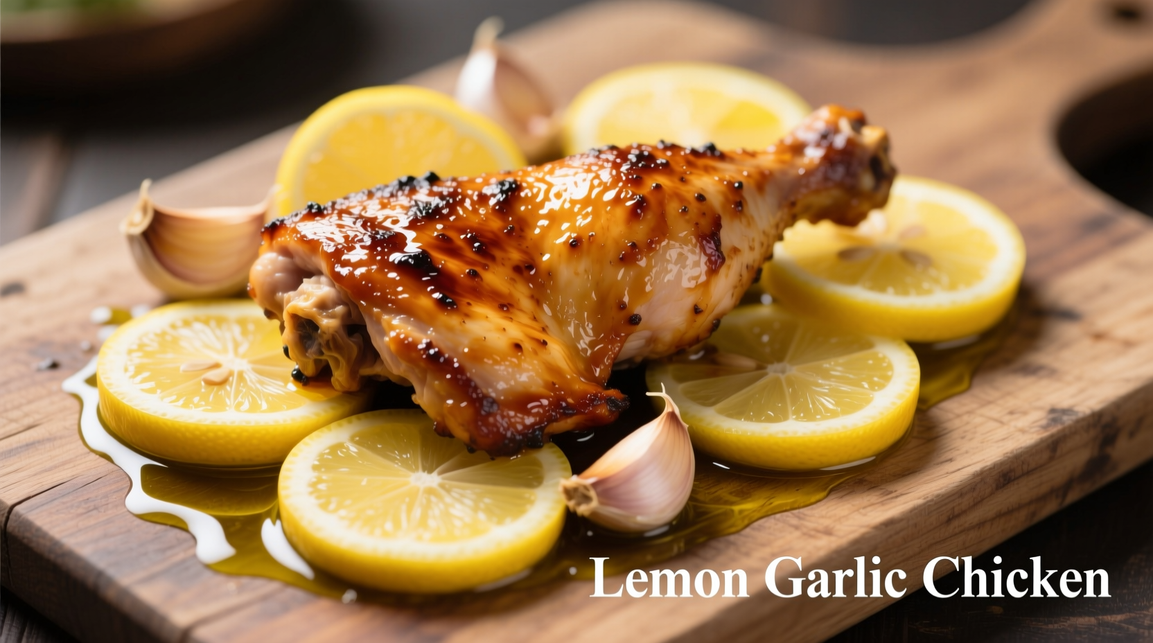 Golden brown chicken thighs with lemon slices and garlic