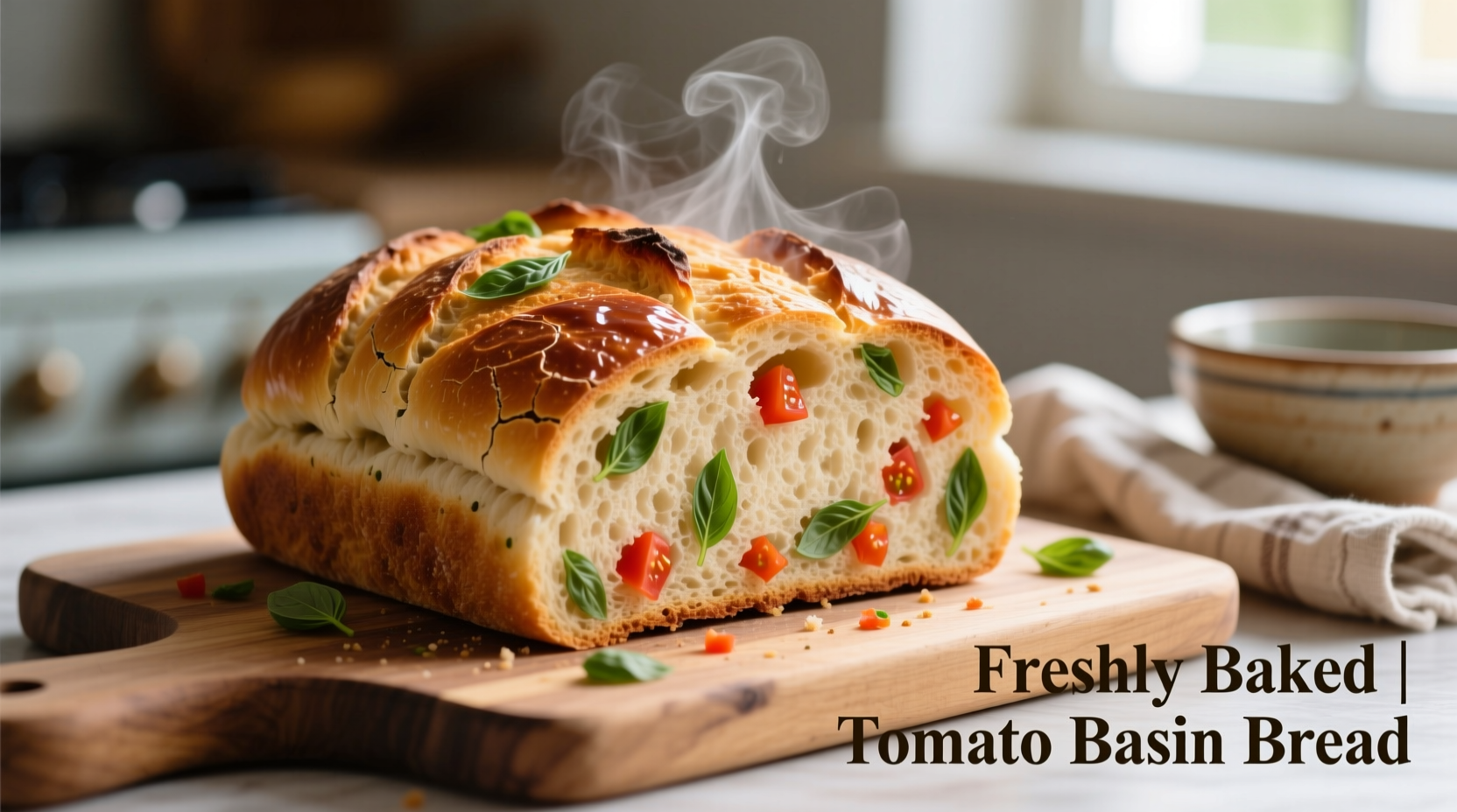 Freshly baked tomato basil bread with visible herb specks