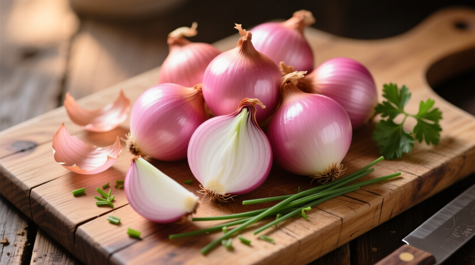 Fresh pink onions on wooden cutting board