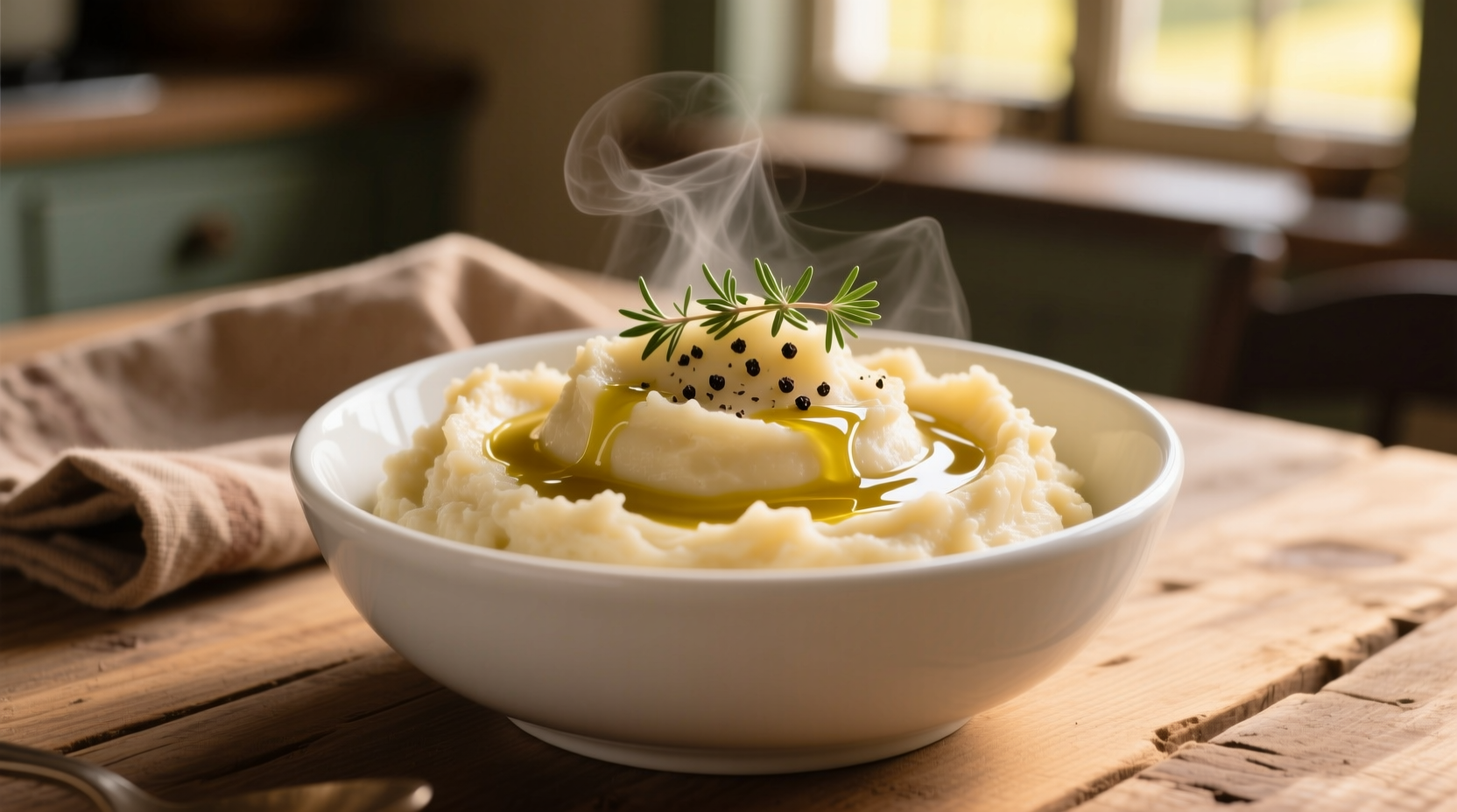 Creamy savory mashed sweet potatoes in white bowl