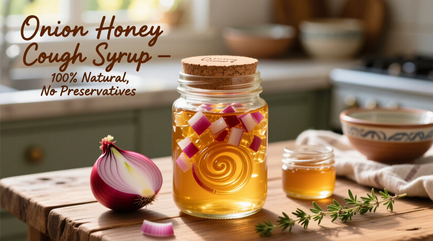 Homemade onion honey cough syrup in glass jar with fresh ingredients