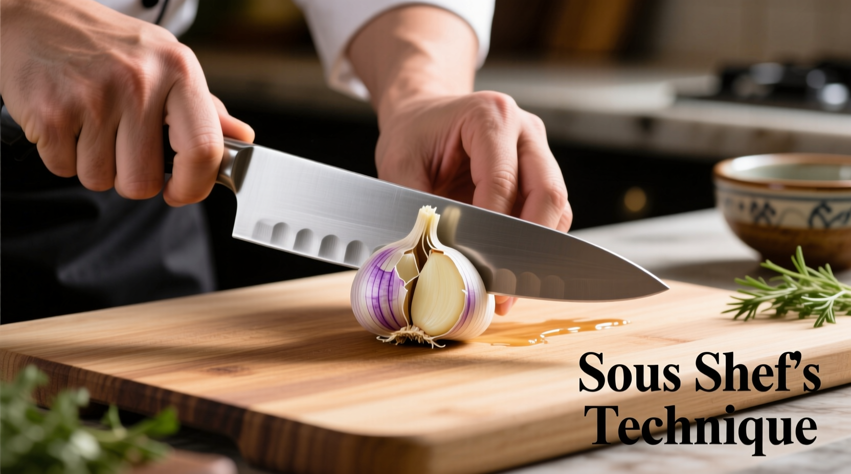 Chef rolling garlic clove under knife blade