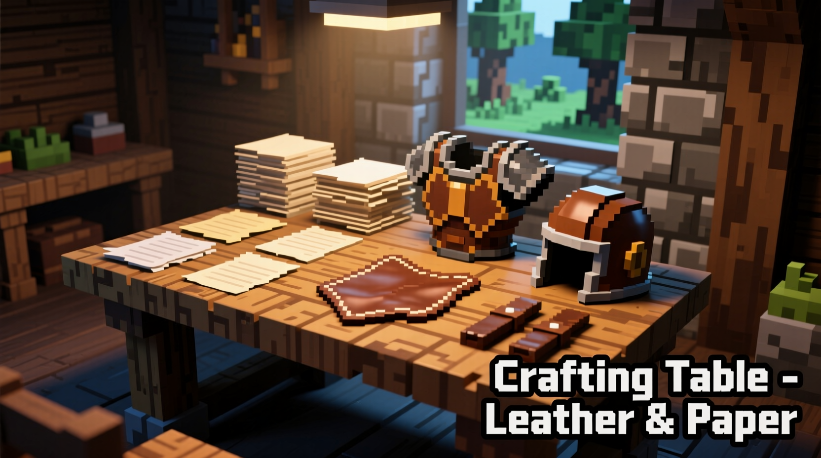 Minecraft paper and leather items on crafting table