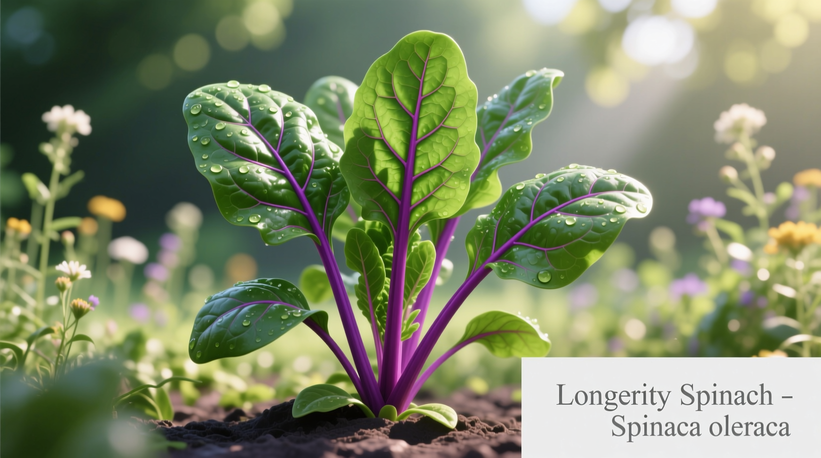 Longevity spinach plant with purple stems and green leaves