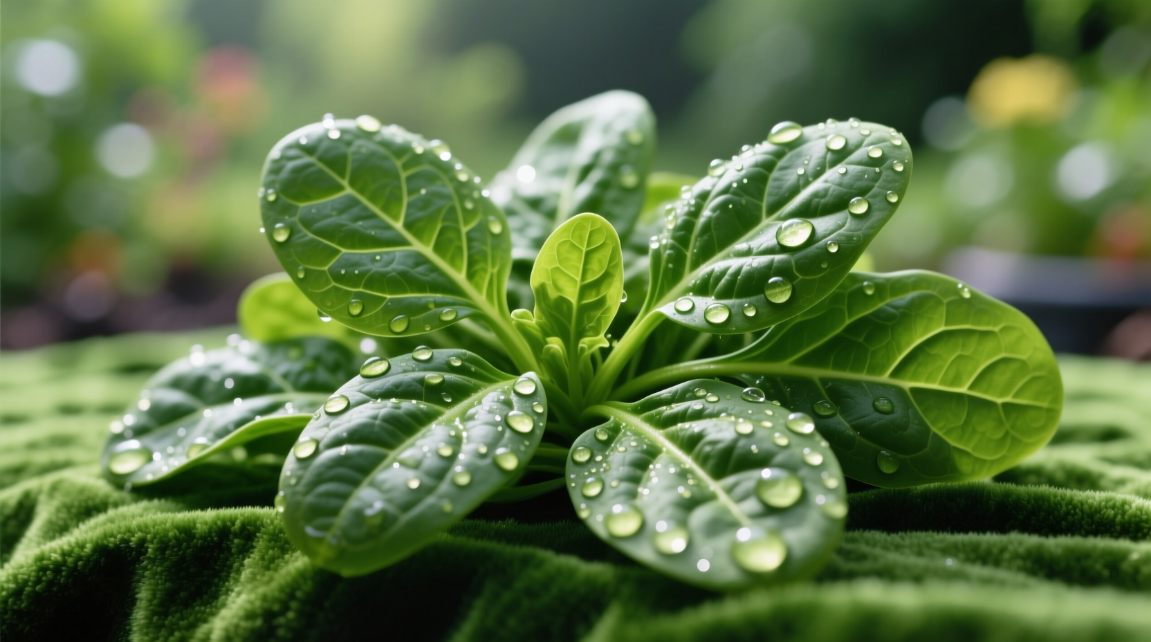Fresh spinach leaves with water droplets on green surface