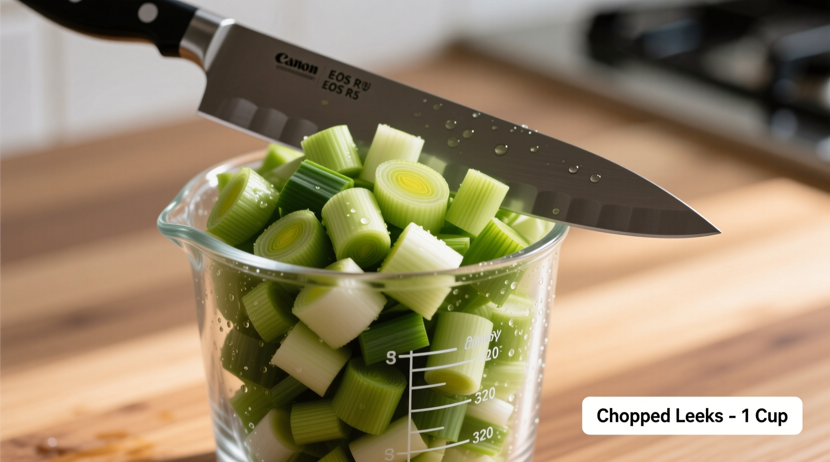 Chopped leeks in measuring cup with knife