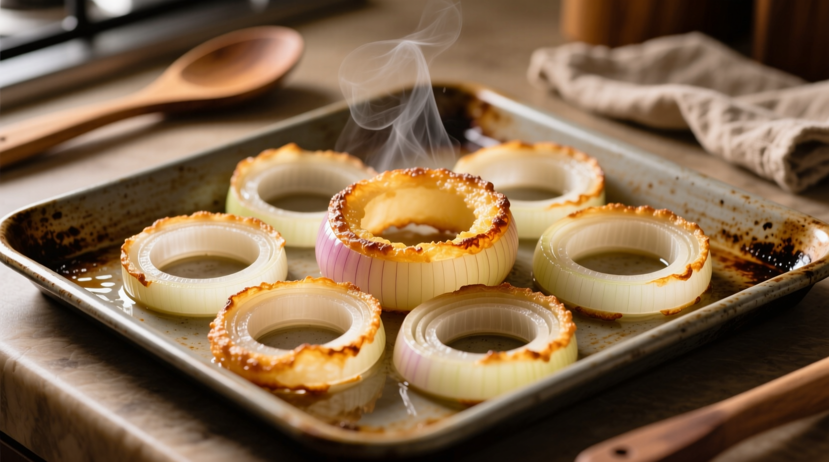 Thinly sliced onion rings arranged on baking sheet