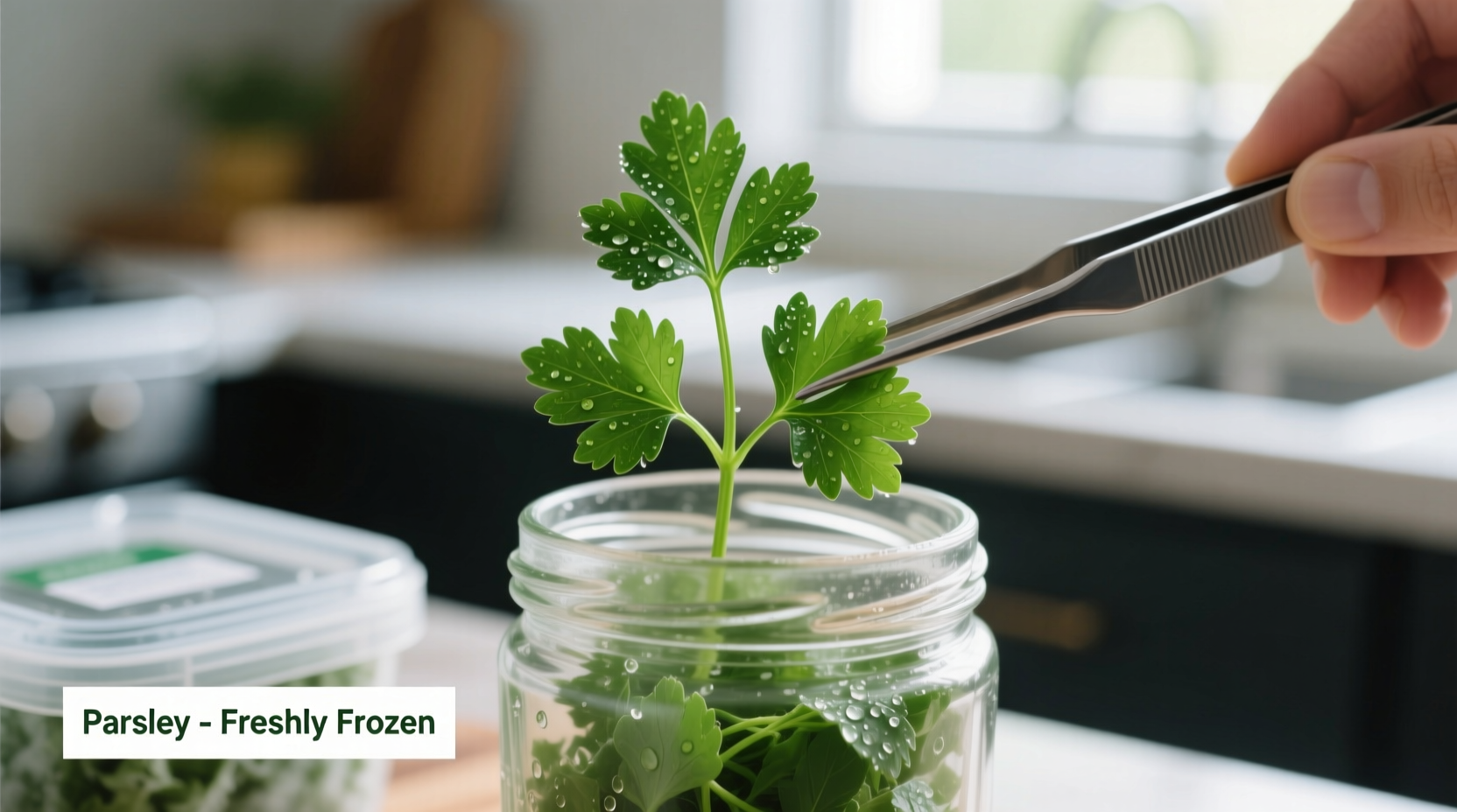 Fresh parsley being prepared for freezing in airtight containers