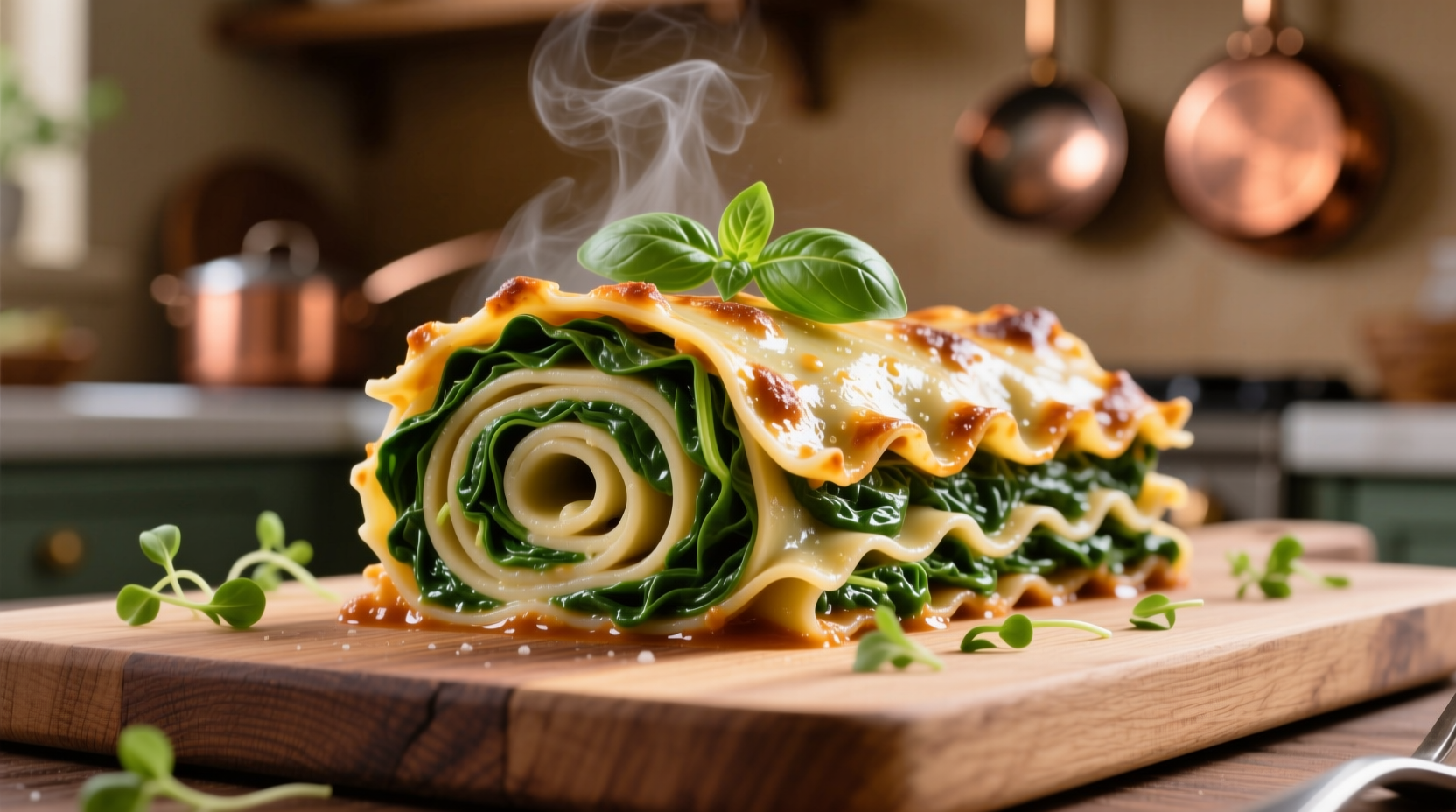 Perfectly rolled spinach lasagna with visible green filling