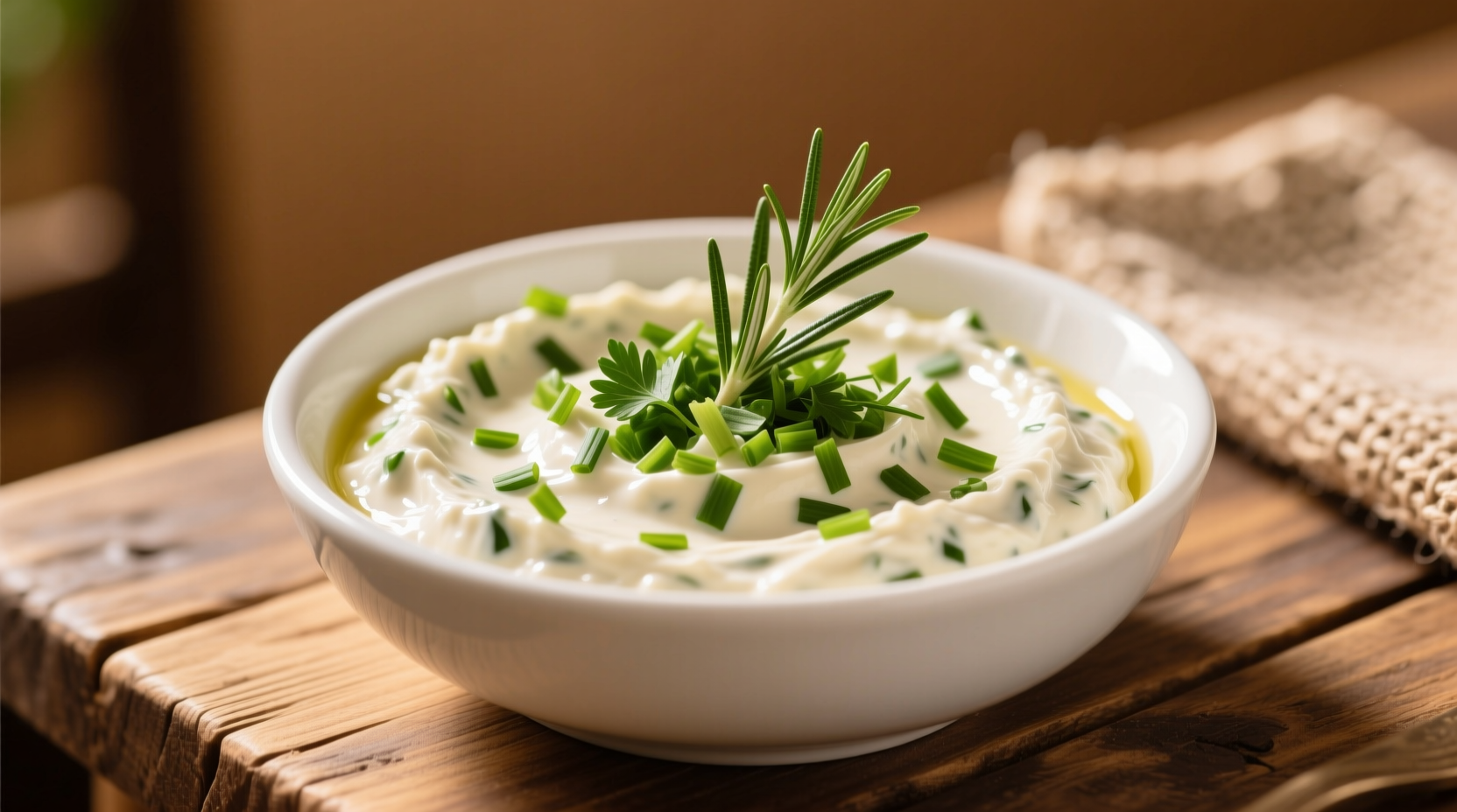 Creamy garlic dip in white bowl with fresh herbs