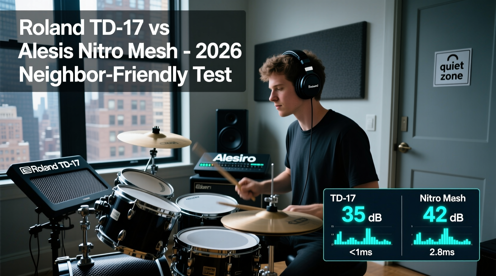 Do electronic drum kits really eliminate neighbor complaints in 2026? Measured dB comparisons (Roland TD-17 vs Alesis Nitro Mesh) + headphone latency tests for NYC apartment players