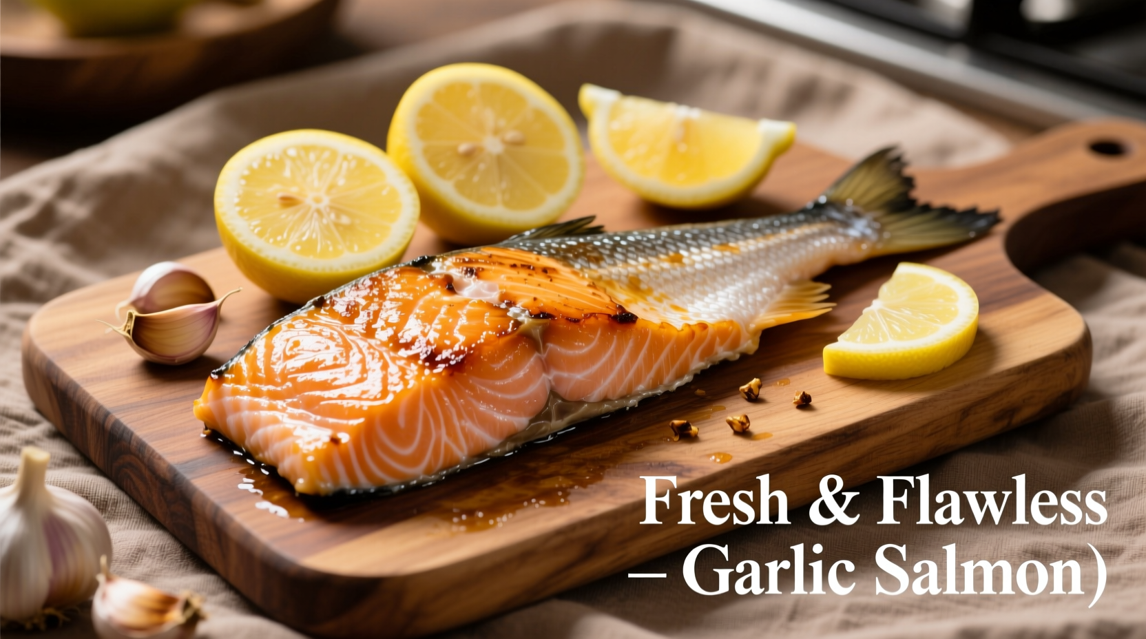 Perfectly cooked garlic salmon fillet with lemon slices