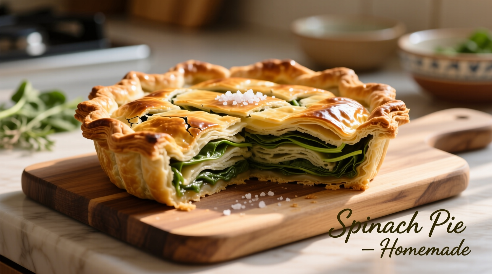 Golden brown spinach pie with flaky layers