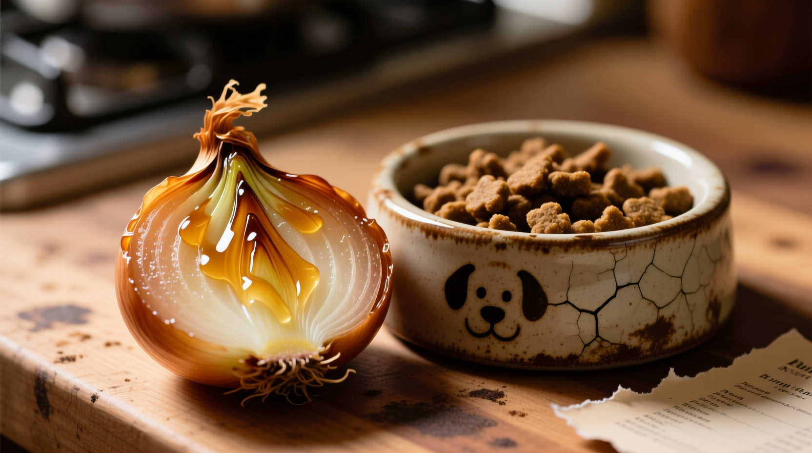 Close-up of cooked onions next to dog food bowl