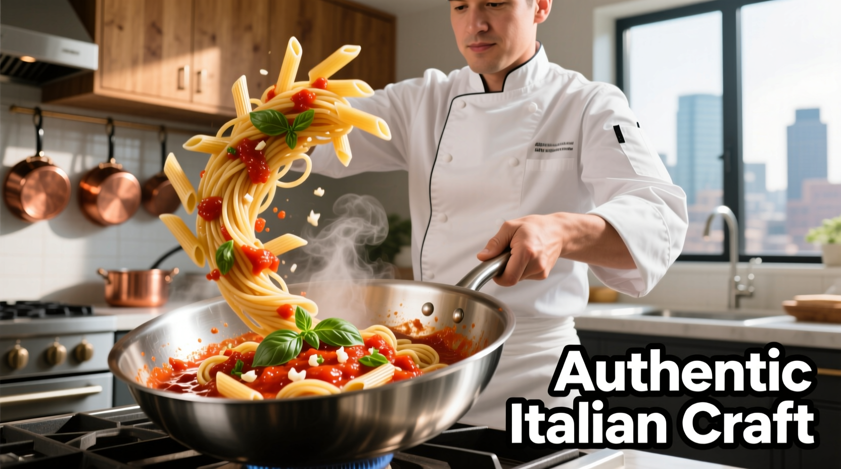 Chef tossing penne pasta in vibrant tomato sauce