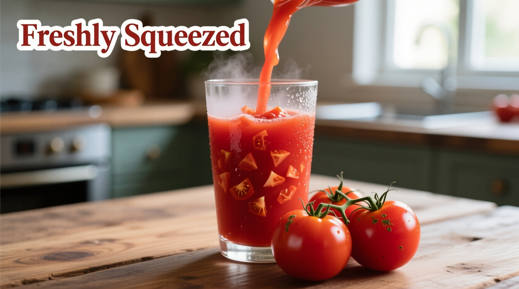 Fresh tomato juice in glass with tomatoes