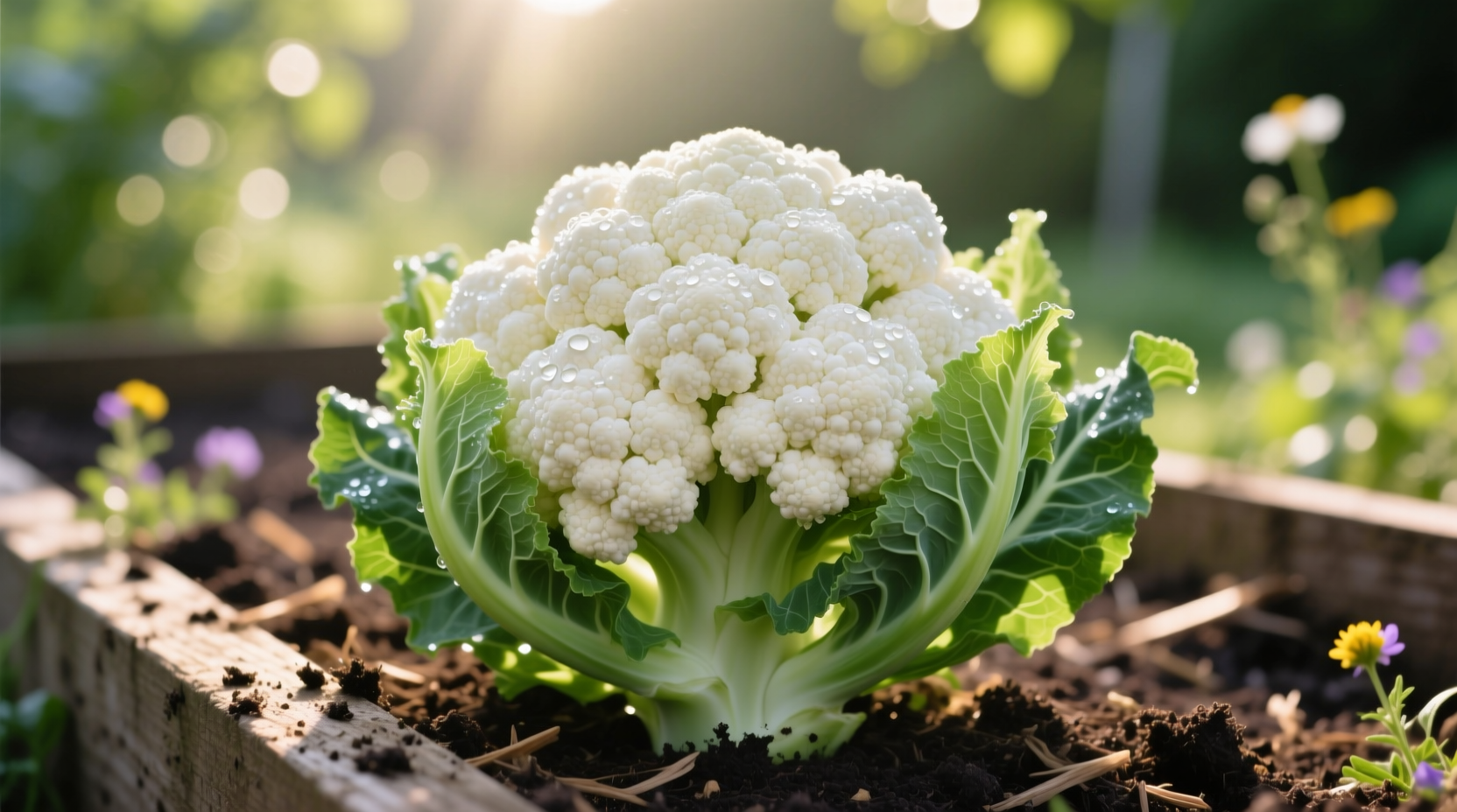 Healthy cauliflower plants growing in garden with white heads