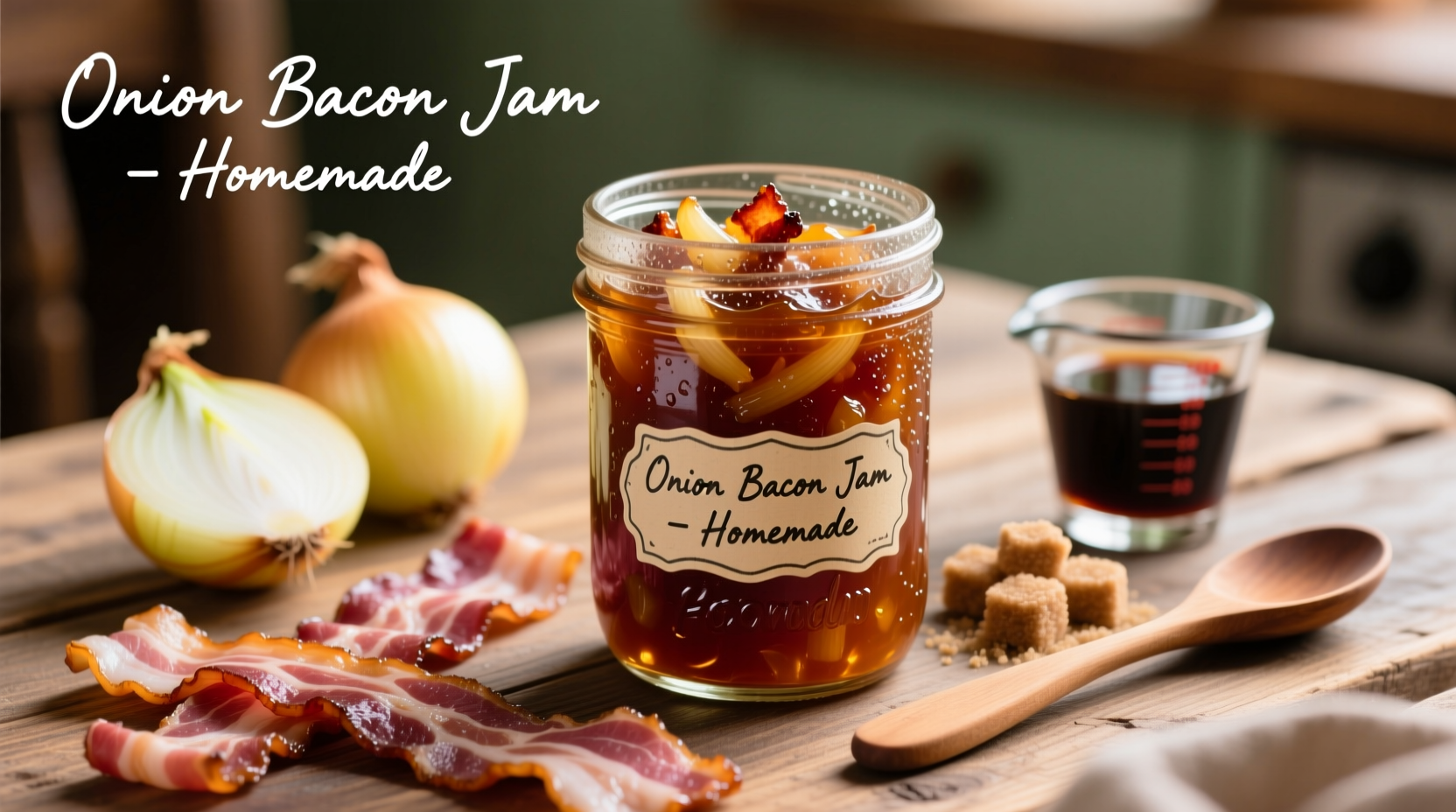 Homemade onion bacon jam in mason jar with ingredients