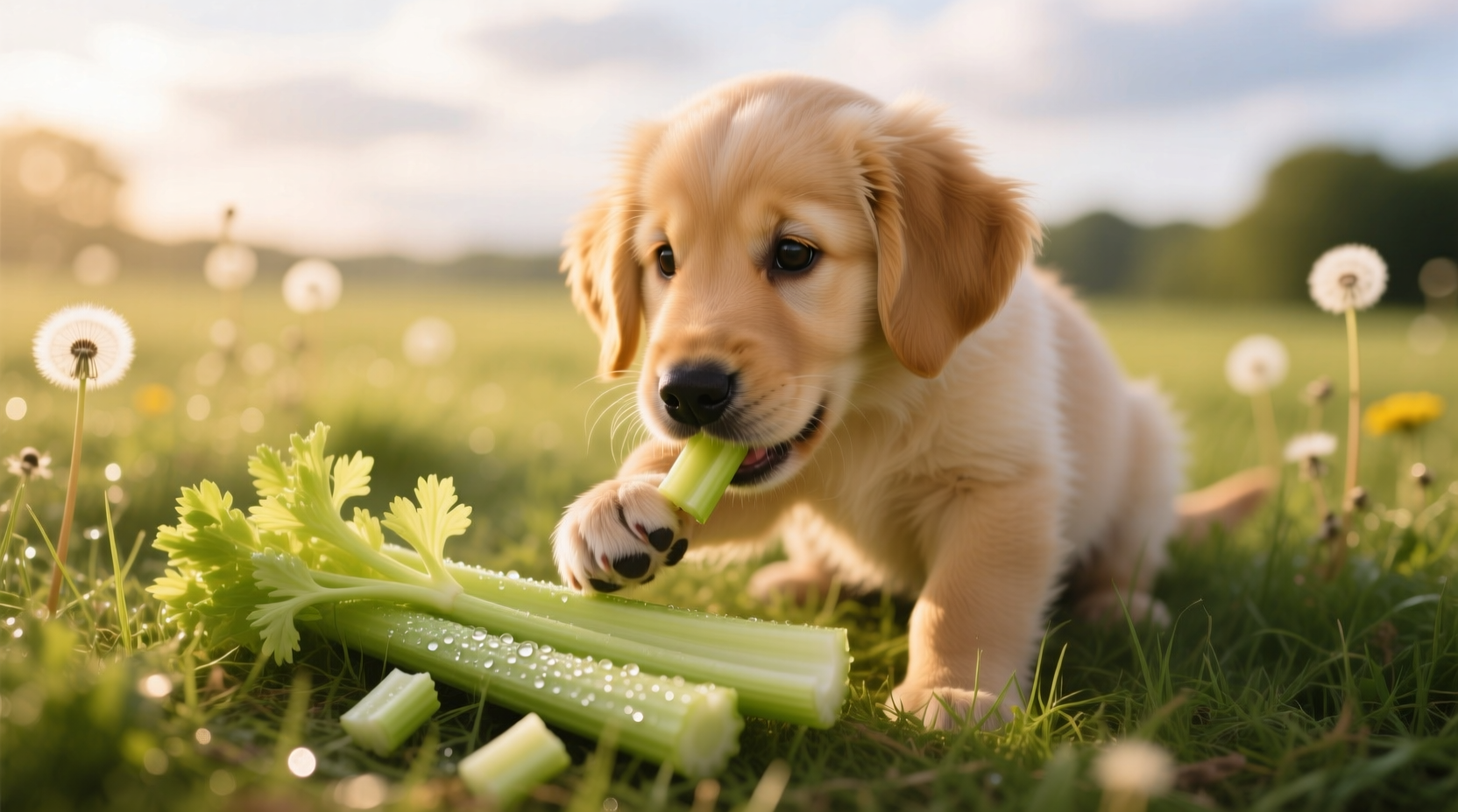 Puppy safely eating small pieces of celery on grass