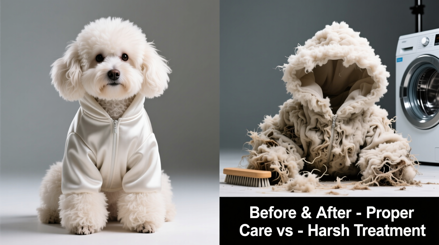 Side-by-side comparison: left shows fluffy, upright pile on a well-maintained pet costume; right shows flattened, matted pile after improper machine washing and aggressive brushing
