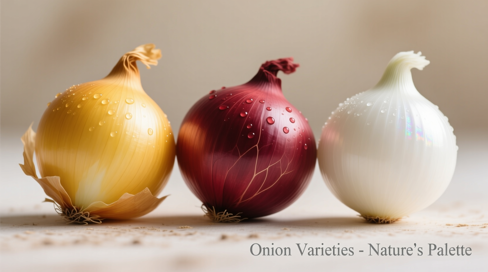 Close-up of yellow, red, and white onion varieties side by side