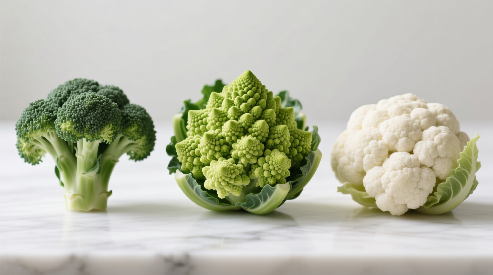 Romanesco, broccoli, and cauliflower side by side comparison