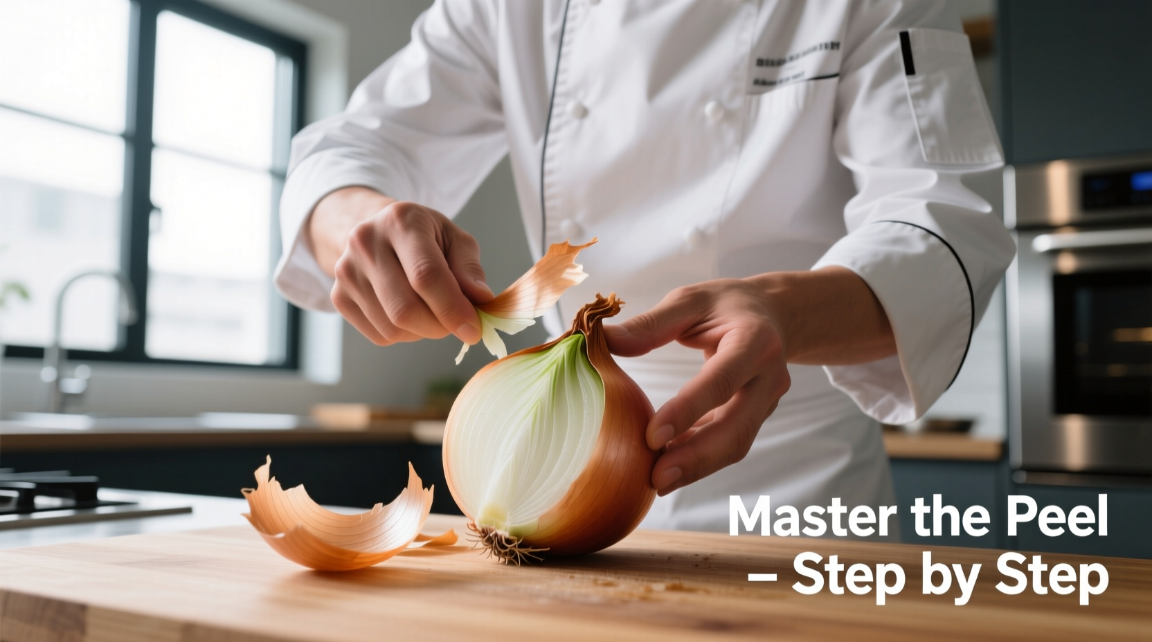 Chef demonstrating proper onion peeling technique