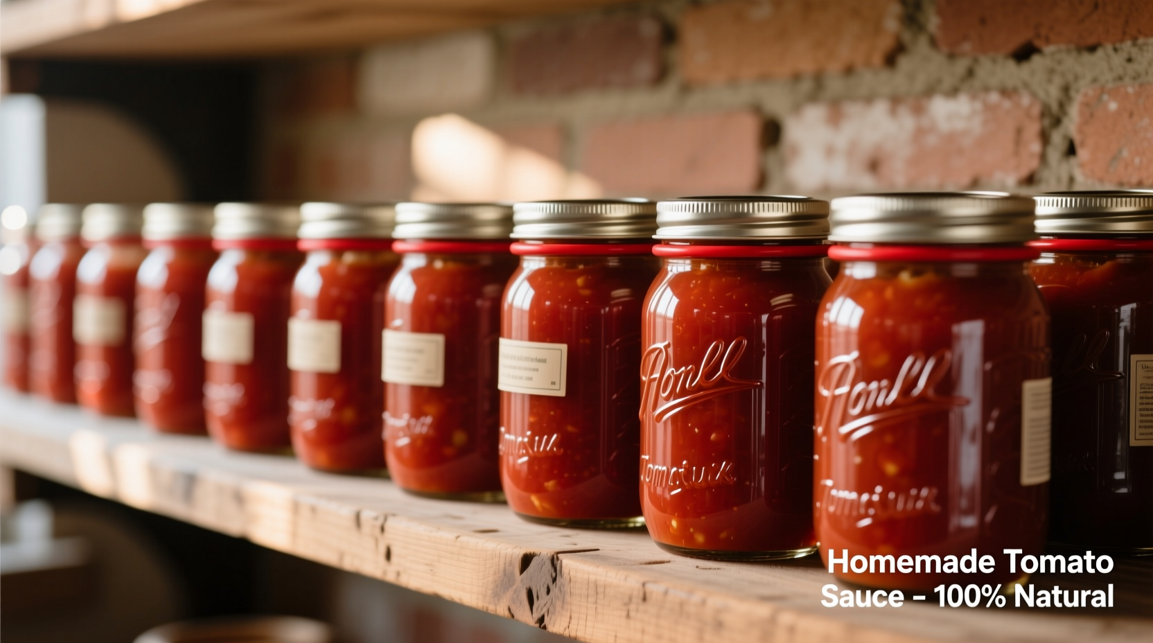 Properly sealed mason jars of tomato sauce on shelf