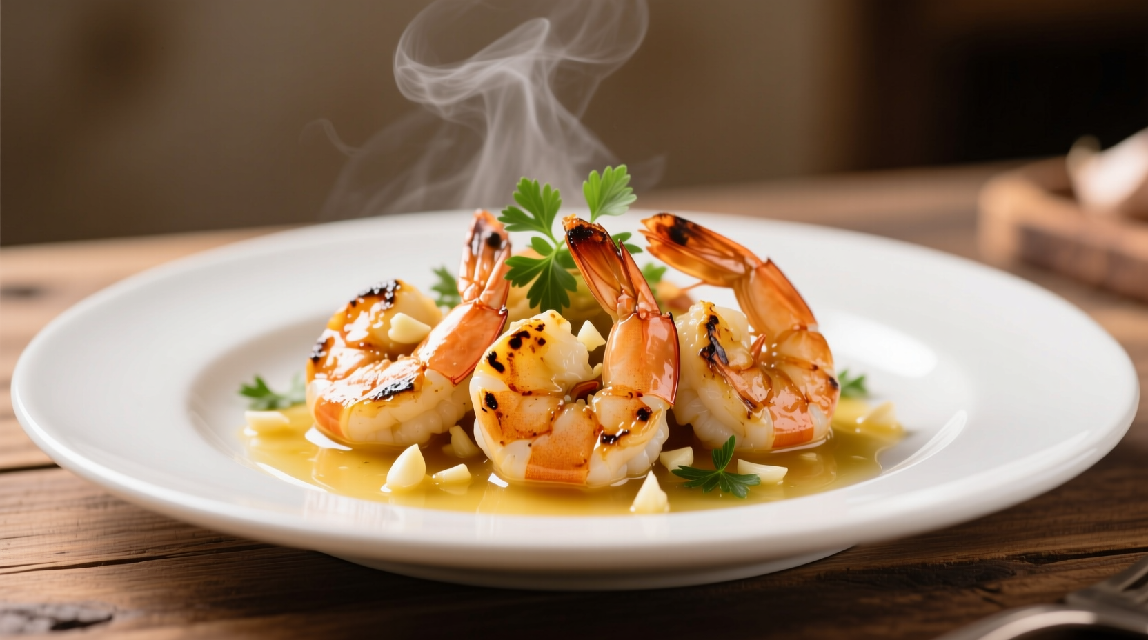 Perfectly seared garlic butter shrimp in white plate