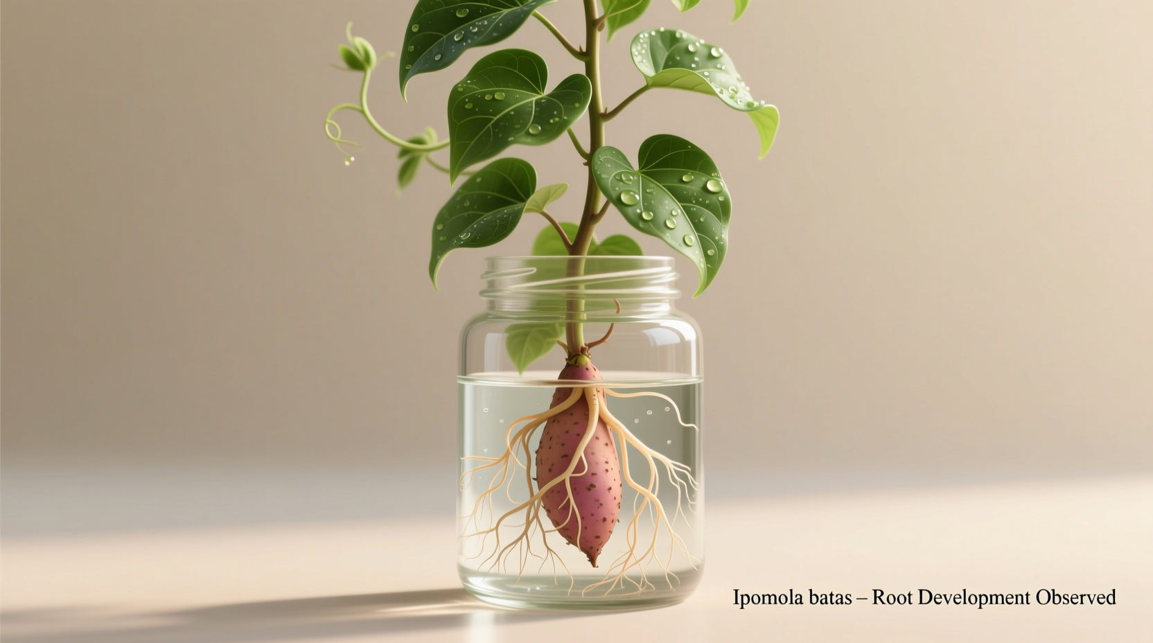 Sweet potato vine growing in clear glass jar with visible roots
