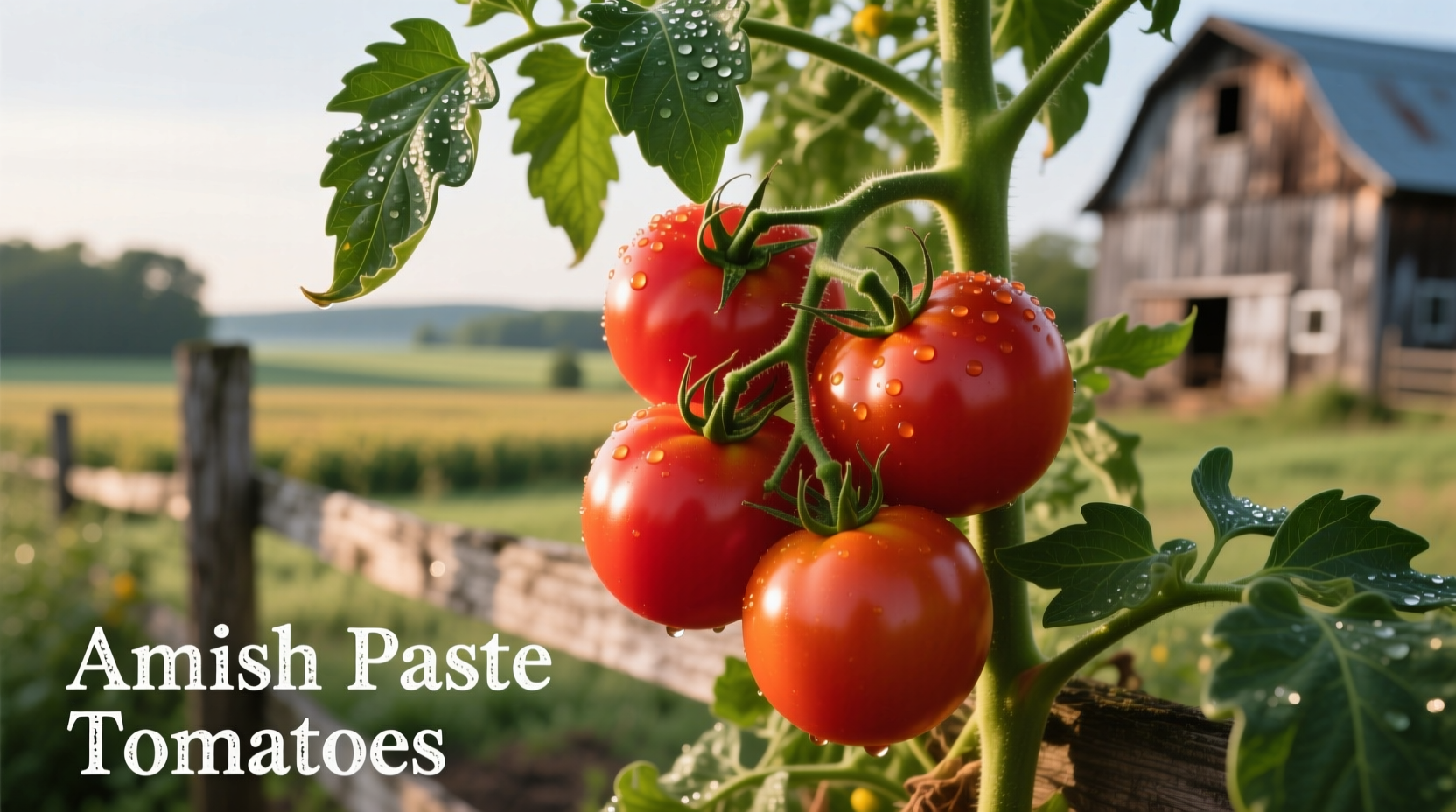 Ripe Amish paste tomatoes on vine with green leaves