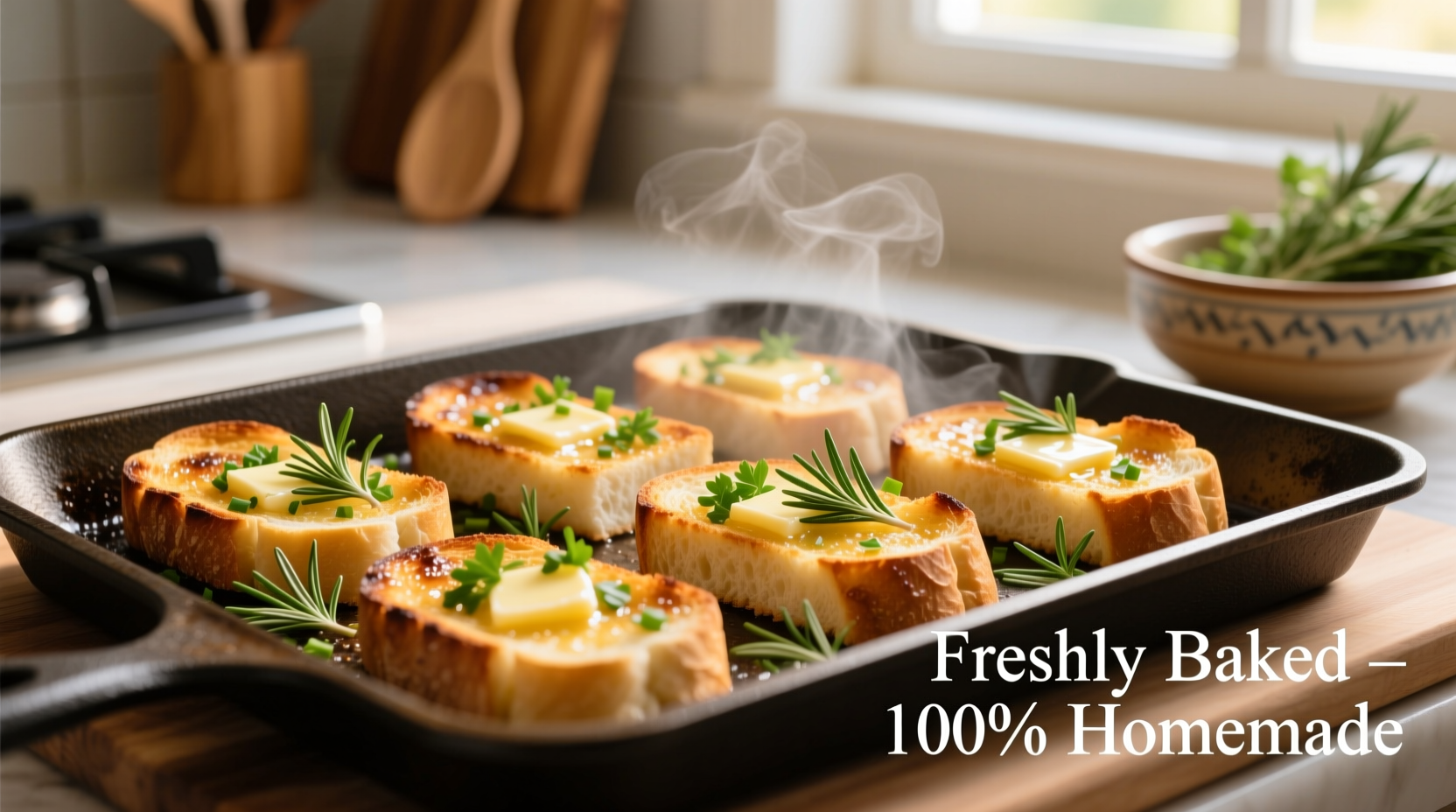 Golden garlic bread slices on baking sheet with fresh herbs