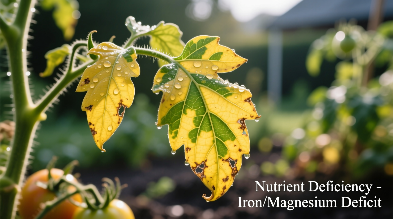 Close-up of yellowing tomato plant leaves showing nutrient deficiency