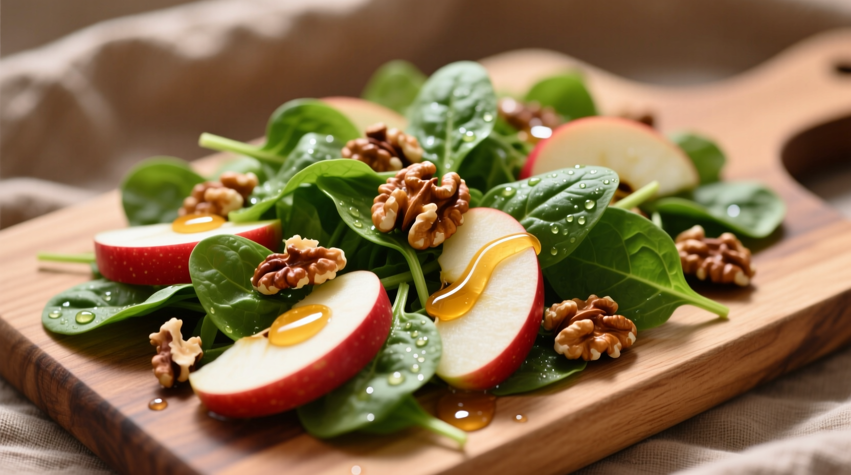 Fresh spinach and apple salad with walnuts and honey dressing