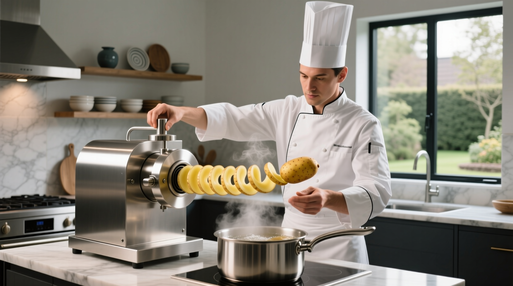 Professional chef using potato twister machine