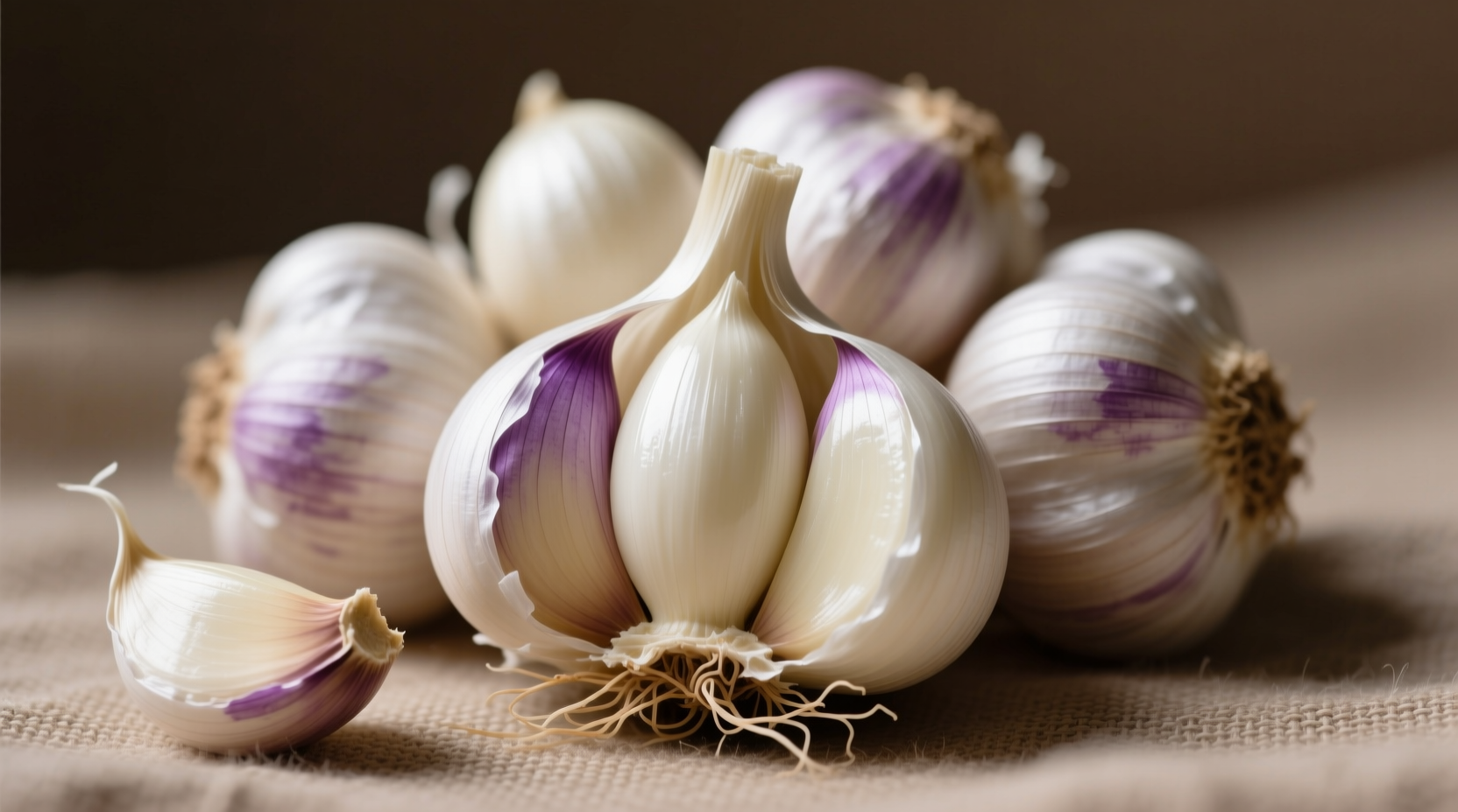 Fresh garlic bulbs with cloves peeled and whole