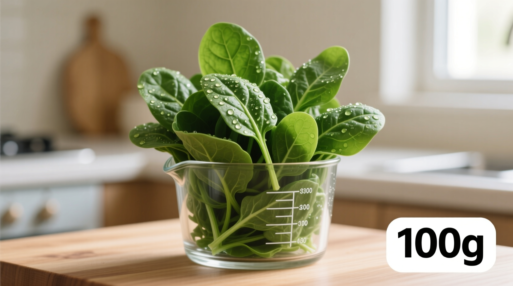 Fresh raw spinach leaves in a measuring cup