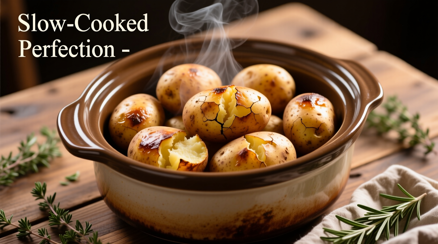 Slow cooker filled with perfectly baked russet potatoes