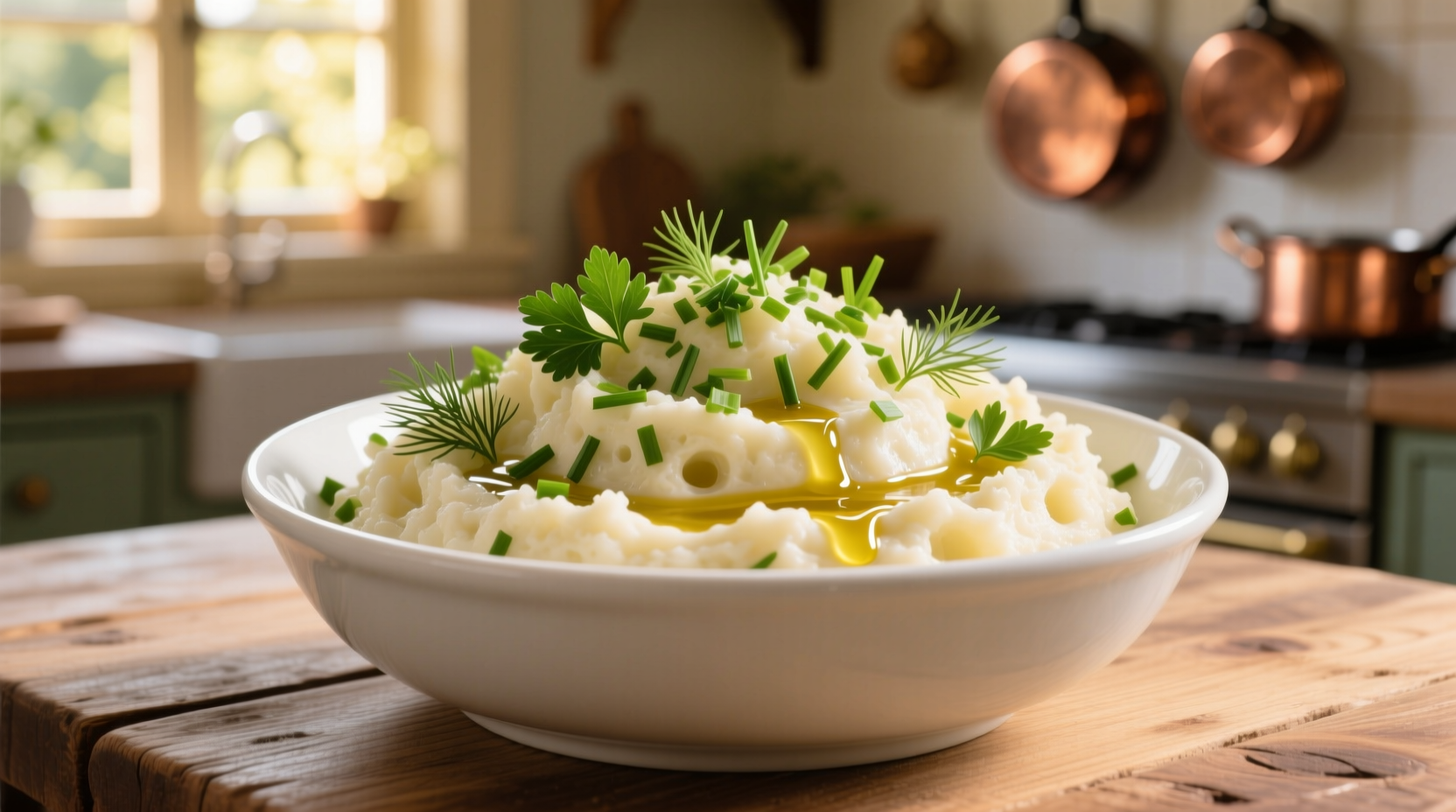 Creamy cauliflower mash in white bowl with herbs