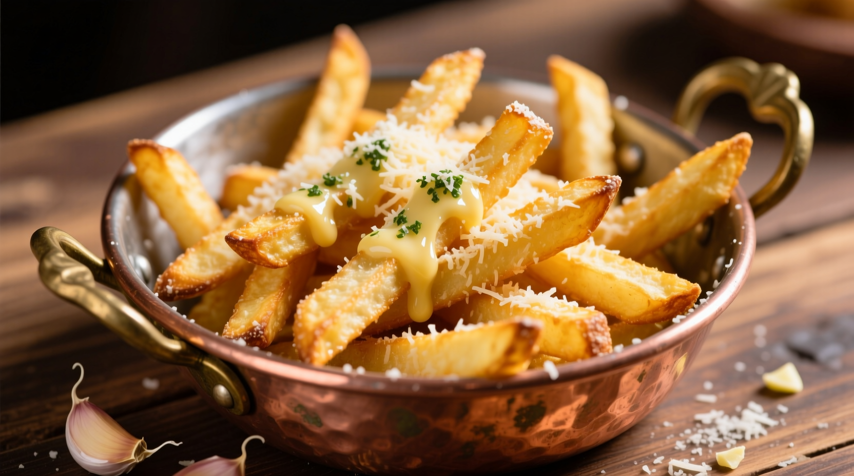 Crispy golden garlic parmesan fries in copper bowl