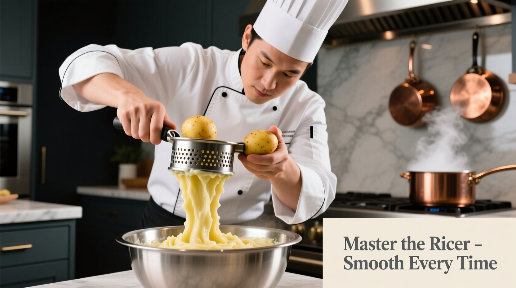 Chef demonstrating proper ricer technique for smooth mashed potatoes