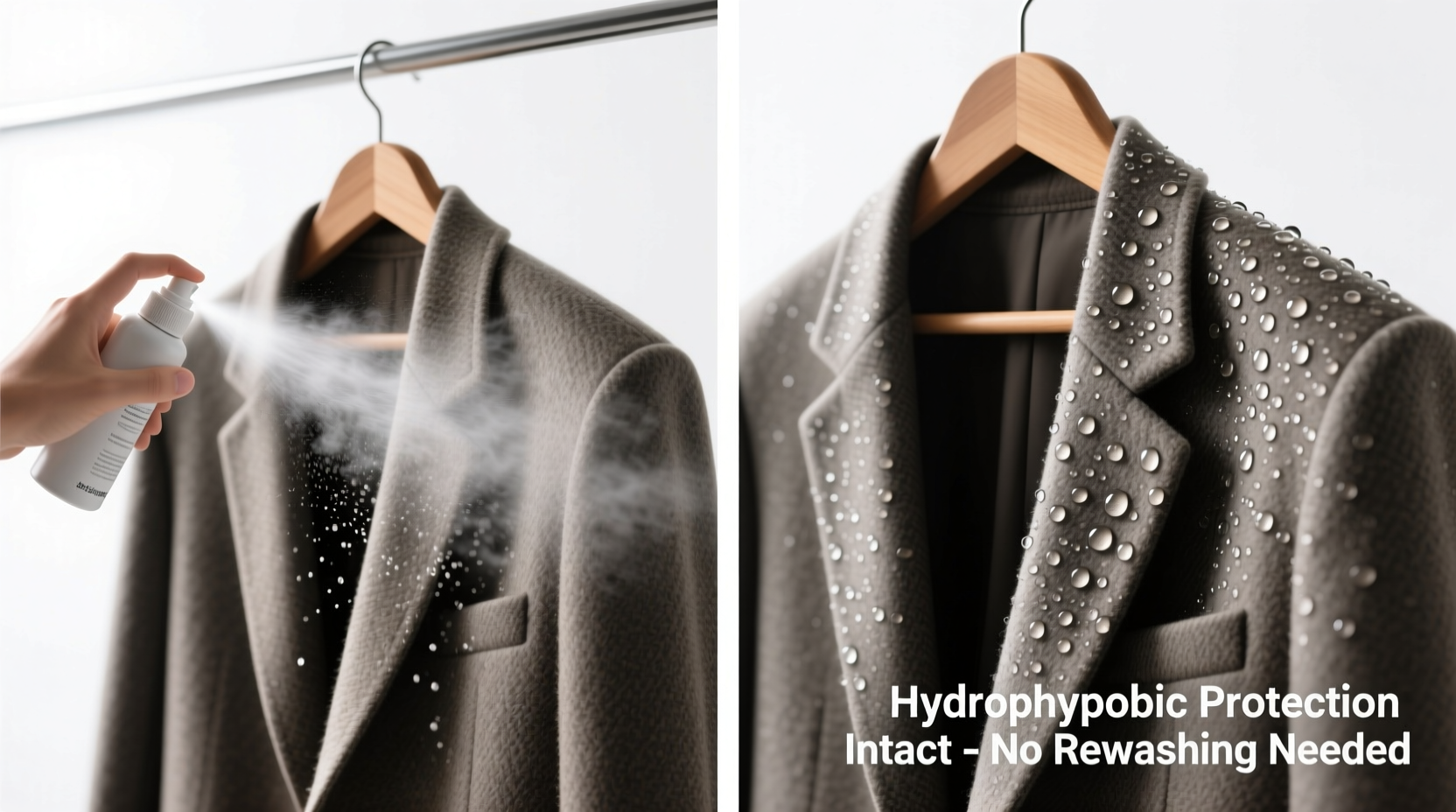 Side-by-side comparison: a wool blazer hung on a wooden hanger, left panel showing fine mist application of fabric refresher spray at arm's length; right panel shows same jacket with water droplets beading on the surface—demonstrating hydrophobic resistance and why rewashing disrupts natural fiber protection