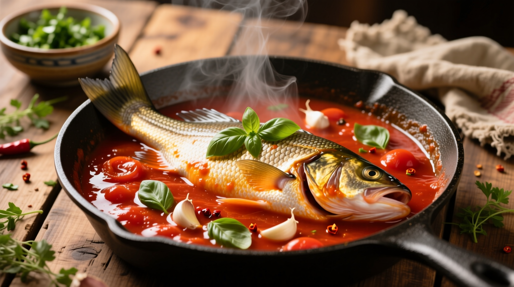 Fresh fish simmering in vibrant tomato sauce
