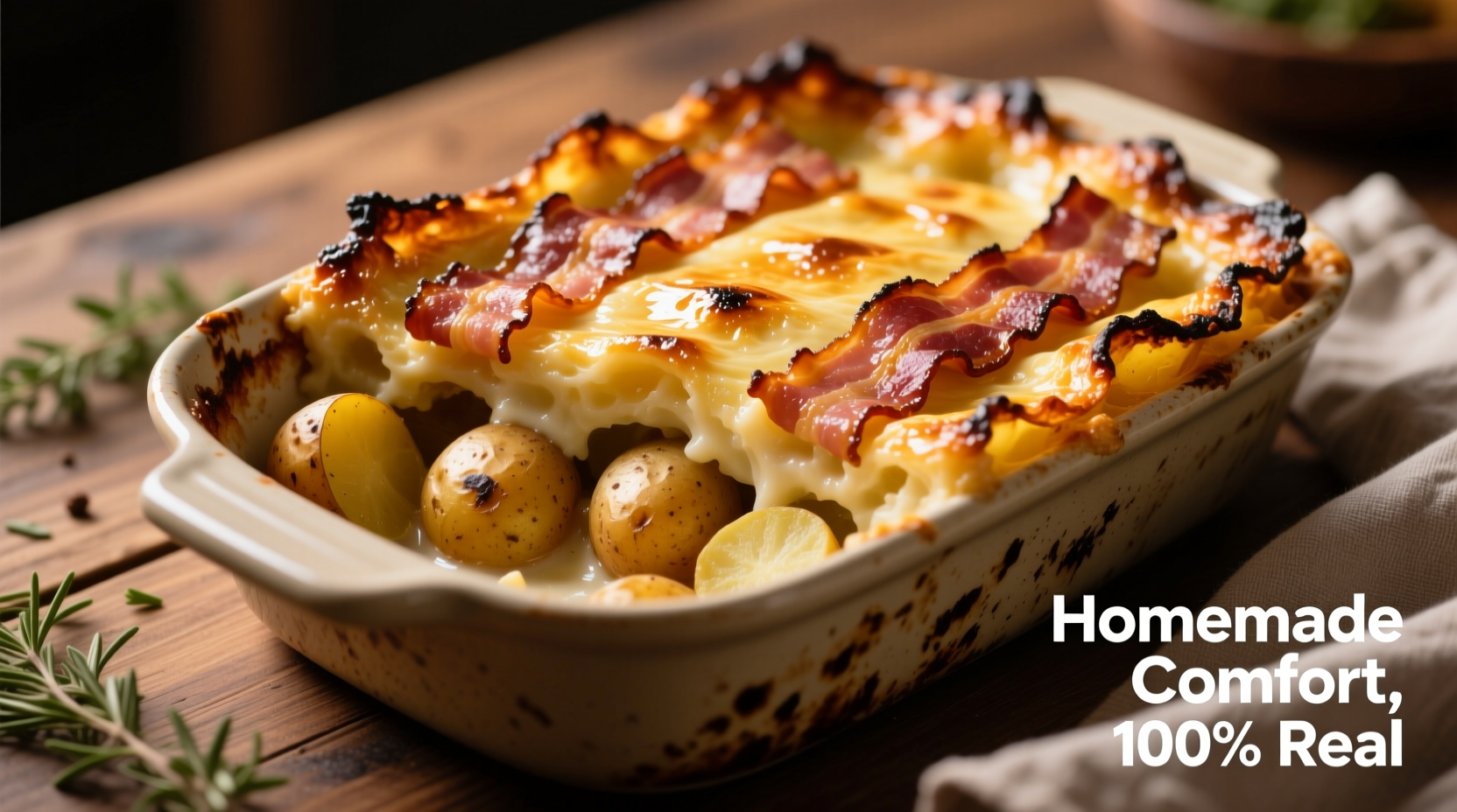 Golden potato and bacon casserole with crispy edges