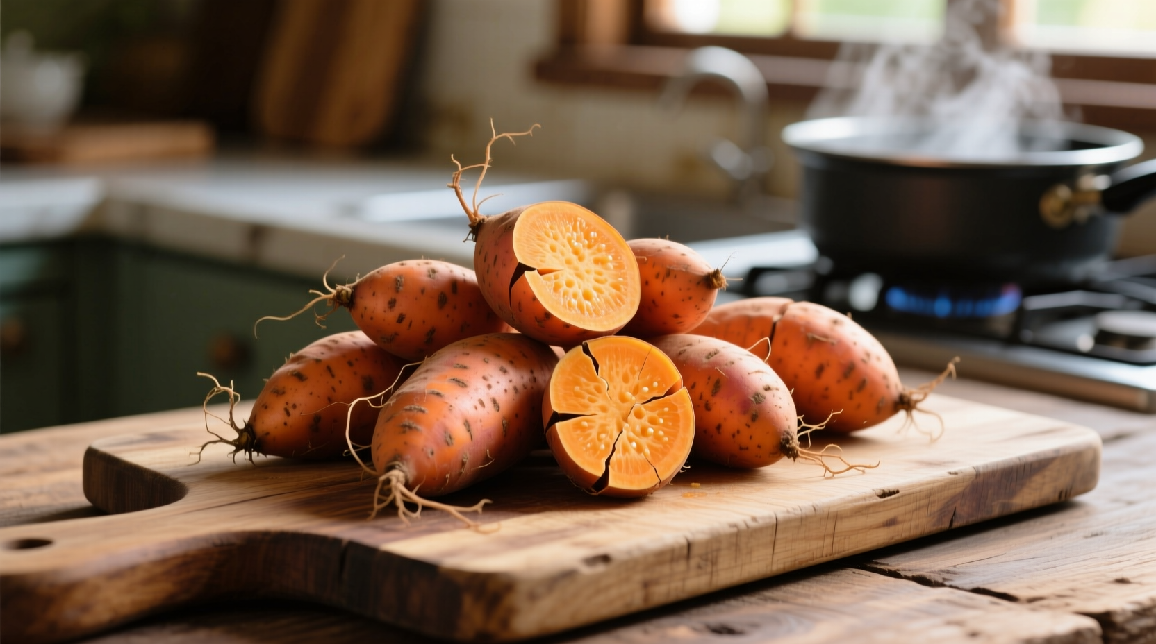 Fresh small sweet potatoes on wooden cutting board
