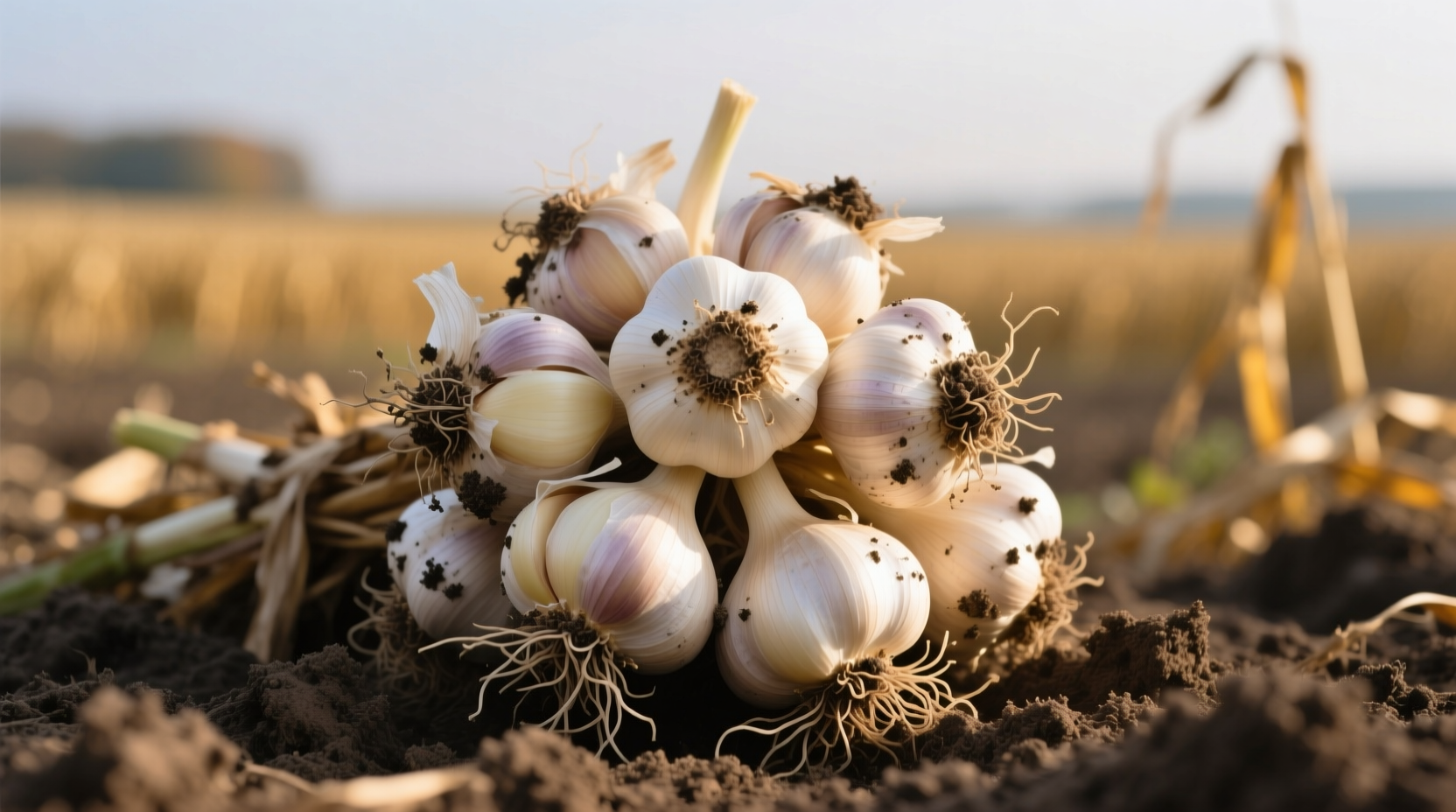 Freshly harvested garlic bulbs with soil
