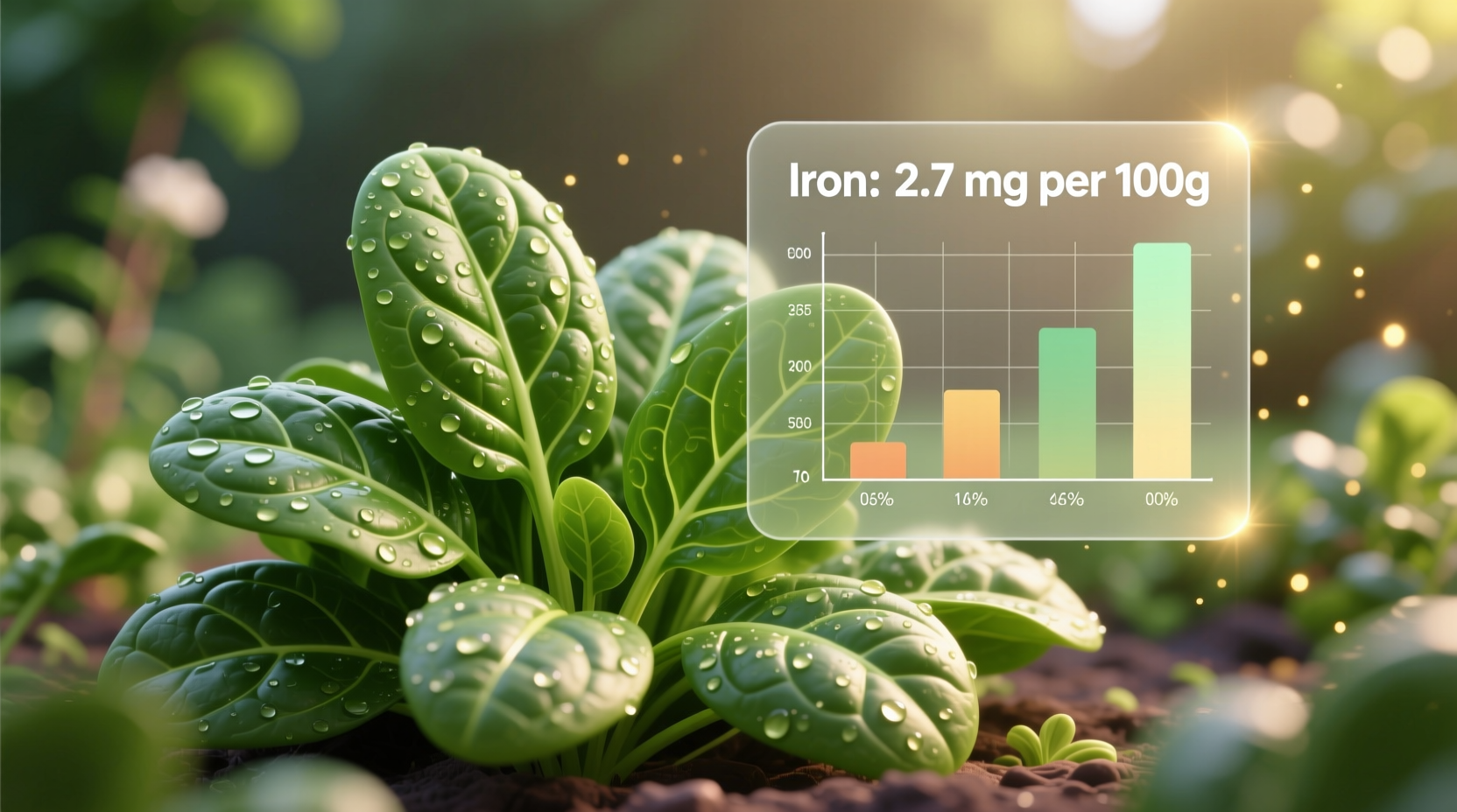 Fresh spinach leaves with iron content chart