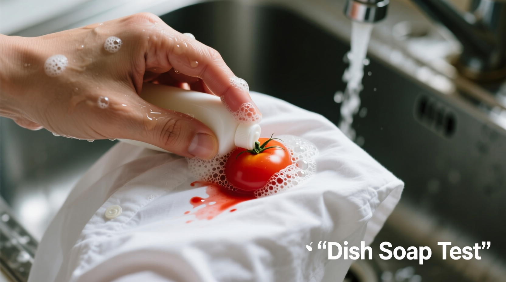 Hand applying dish soap to tomato stain on white shirt